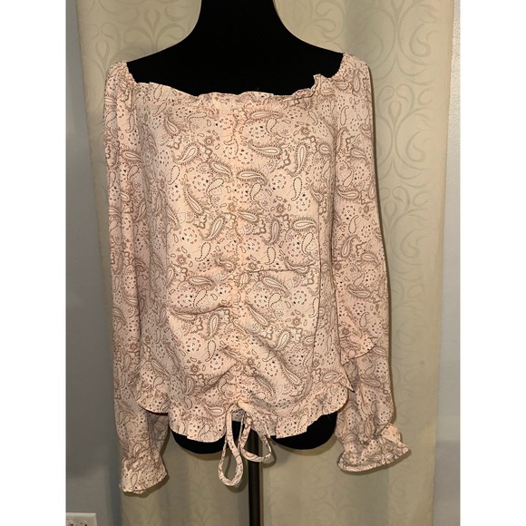 Savanna Jane Paisley Ruched Front Ruffle Blouse Pink  Boho Balloon Sleeve NEW-L - Picture 3 of 7